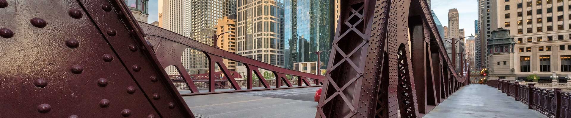 Close up image of a bridge in downtown Chicago